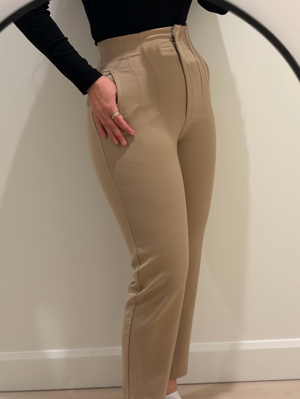 Zara Straight-Leg High-Waist Trousers in Beige